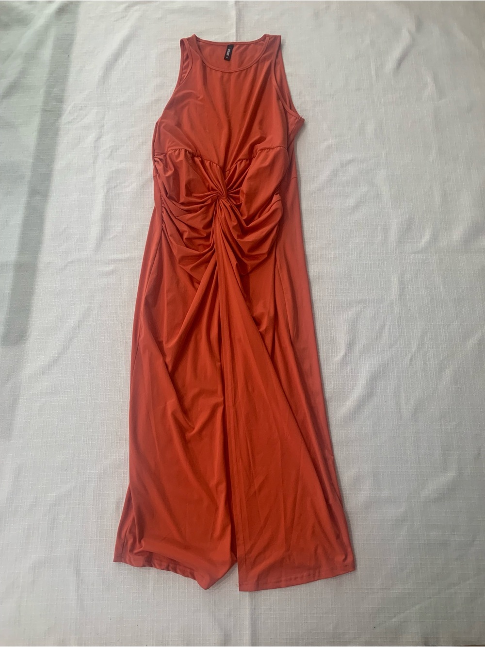 Rust Orange Ruched Twist Knot Bodycon Tank Midi Dress Slit